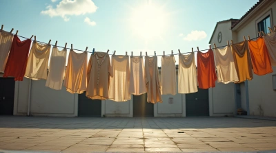 Varied Garments Hanging On Line In Courtyard