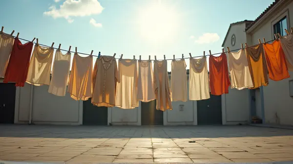 A row of different clothes hanging on a line across a courtyard under soft natural light.