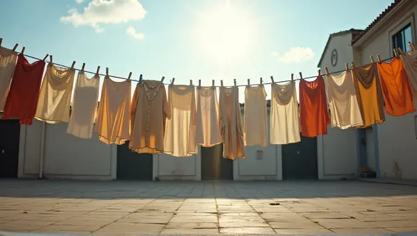 Varied Garments Hanging On Line In Courtyard