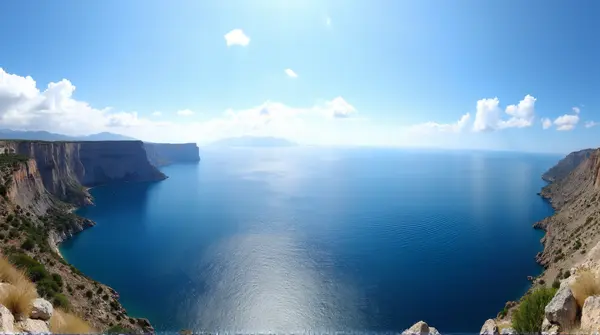 Wide view of blue ocean stretching to the horizon with rocky cliffs and scattered clouds overhead