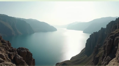 Vast Lake With Jagged Stone Formations And Sunlight