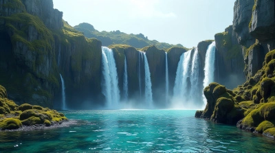 Vertical Streams Falling Into Clear Mountain Pool