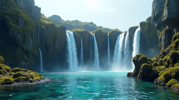 Vertical streams plunge from mossy cliffs into a crystal-clear pool beneath a pale blue sky.