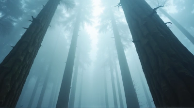 Vertical Tree Trunks Shrouded In Dense Vapor