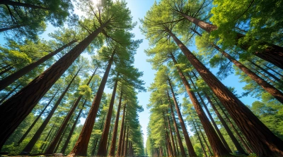 Vertical Tree Trunks With Vibrant Leaves Skyward