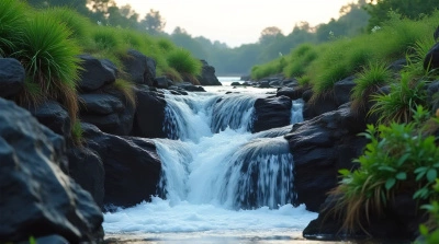 Vertical Water Flow Over Rocky Terrain And Lush Plants