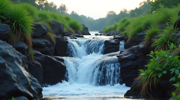 Vertical stream of water flowing over rugged rocks surrounded by dense green plants under a pale sky