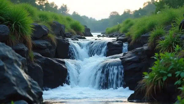 Vertical Water Flow Over Rocky Terrain And Lush Plants