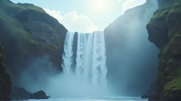 Vertical stream of water flowing through jagged stones under a bright sky with white vapor from a low angle.