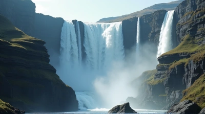 Vertical Waterfalls Flowing Into Misty Basin