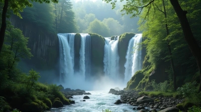 Vertical Waterfalls With Mist In Green Ravine