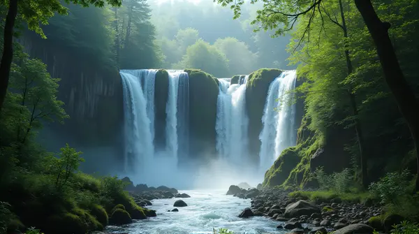 Vertical waterfalls plunging into a mist-filled ravine with sunlight filtering through dense green foliage.