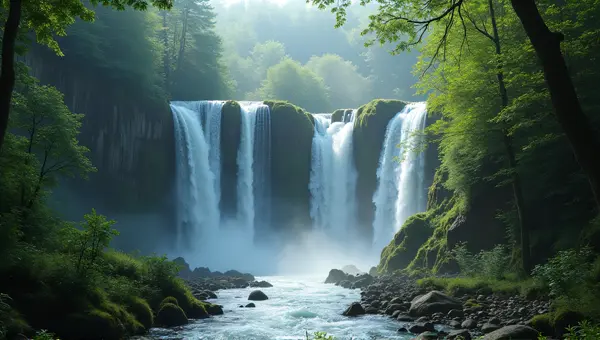 Vertical Waterfalls With Mist In Green Ravine
