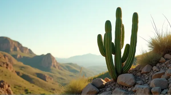 A vibrant green cactus stands on a weathered brown hill under a clear sky with soft natural light.