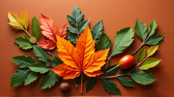 Vibrant Foliage Arrangement On Chestnut Surface