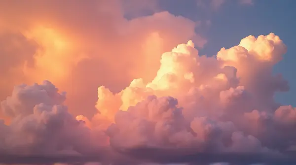 Sky filled with vibrant glowing clouds illuminated by warm amber and rose tones showing textured layers