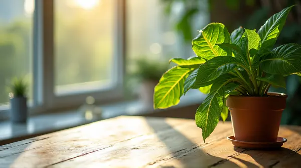 Vibrant Houseplant On Wooden Table By Window
