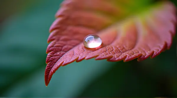 Detailed vibrant leaf with a glistening droplet against a softly blurred background emphasizing texture