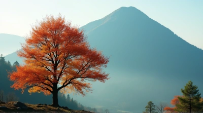Vibrant Leafy Tree Before Towering Hill Mist