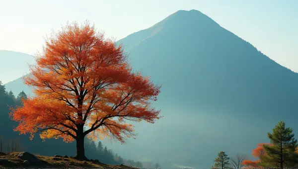 Vibrant Leafy Tree Before Towering Hill Mist