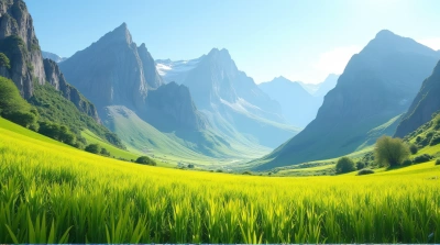 Vibrant Meadow Under Craggy Peaks In Sunlight