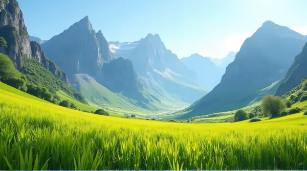 A vibrant meadow of fresh blades extends beneath towering craggy peaks under a clear sky with sunlight casting shadows.