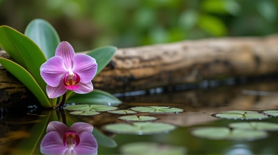 Vibrant Orchid With Emerald Leaves And Reflective Pond