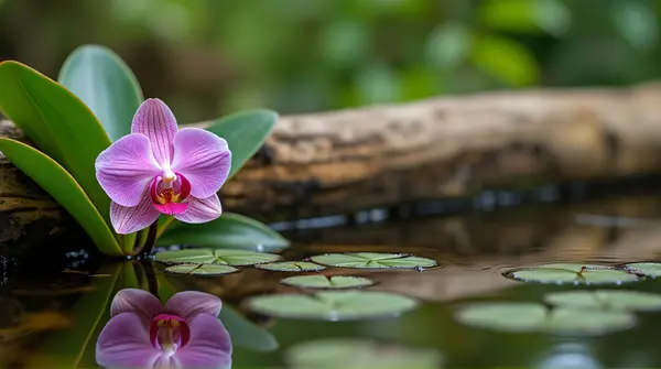 Vibrant Orchid With Emerald Leaves And Reflective Pond