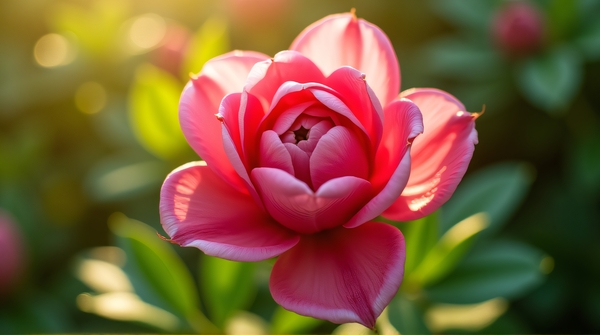 Close-up of a vibrant red flower unfolding its petals under natural sunlight with green leaves around.