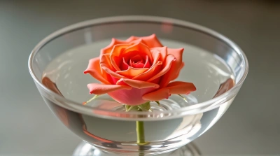 Vibrant Rose Blossom in Glass Bowl With Water