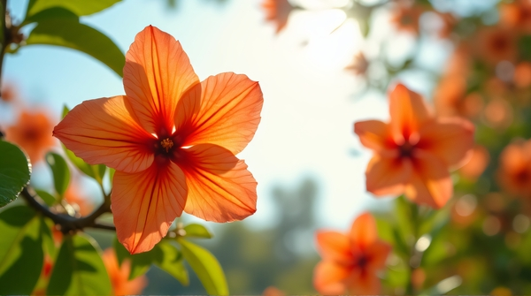 Low-angle view of tangerine-colored flowers with delicate petals surrounded by green leaves under soft sunlight.