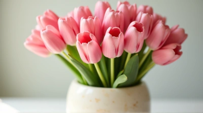 Vibrant Tulips in Alabaster Vase Arrangement