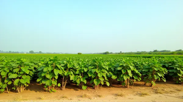 Wide view of dense vibrant vegetation and textured earth beneath a clear blue sky captured from low angle