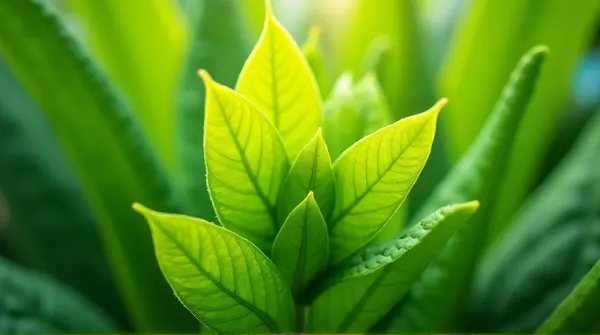 Close-up of a vibrant leafy cluster illuminated by bright natural light showing detailed vein patterns.