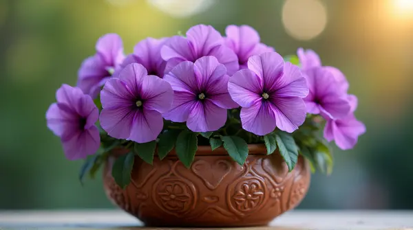 Vibrant Violet Flowers In Chestnut Container