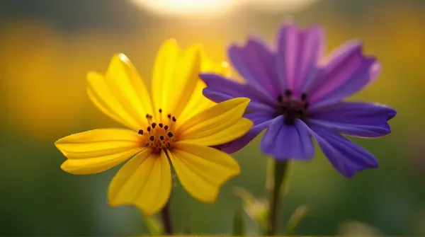Vibrant Yellow And Violet Flowers In Sunlight