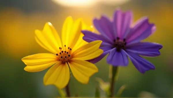 Vibrant Yellow And Violet Flowers In Sunlight