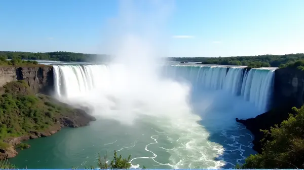 Victoria Falls with white mist rising, surrounded by green foliage and wide river under clear blue sky.