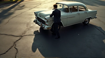 Vintage Car Outline On Cracked Asphalt Surface