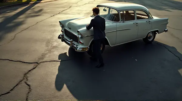 Vintage Car Outline On Cracked Asphalt Surface