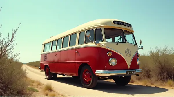 Vintage Crimson Bus Near Scenic Pathway