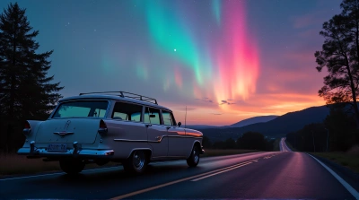 Vintage Station Wagon With Colorful Sky Lights