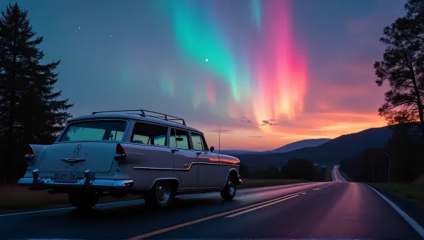 Vintage Station Wagon With Colorful Sky Lights