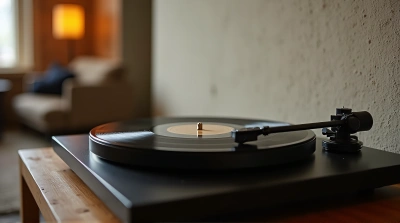 Vinyl Record Player Spinning On Textured Wall