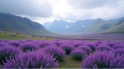 Violet Blooms Covering Rolling Hills Under Overcast Sky