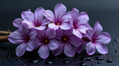 Violet Blossoms With Dew On Dark Surface
