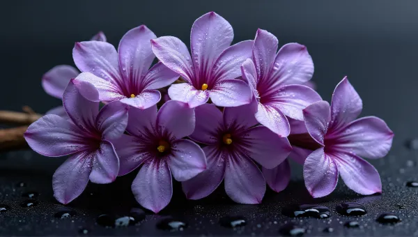 Violet Blossoms With Dew On Dark Surface