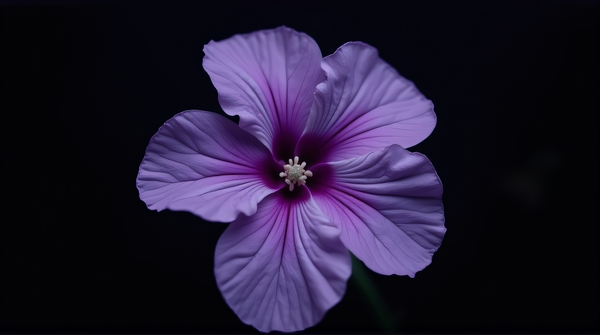 Close-up of a violet flower highlighting detailed veins and stamens against a black background