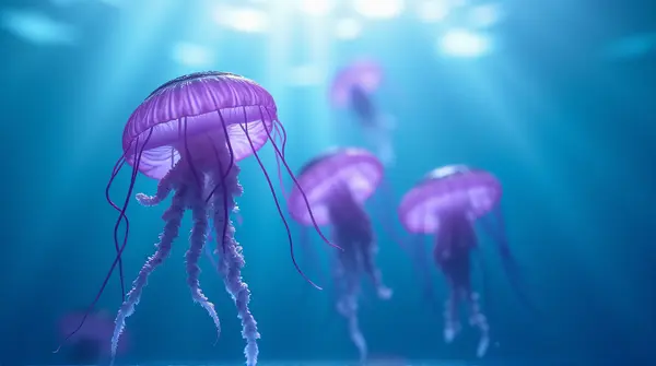 Cluster of violet gelatinous creatures with trailing tentacles floating near sunlit surface in clear blue liquid