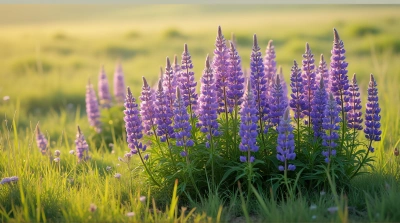 Violet Lupines Swaying In Sunlit Grassy Plain
